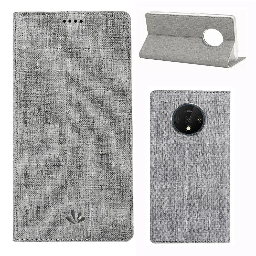 VILI DMX Cross Texture Stand Leather Card Holder Phone Cover for OnePlus 7T - Grey - 1