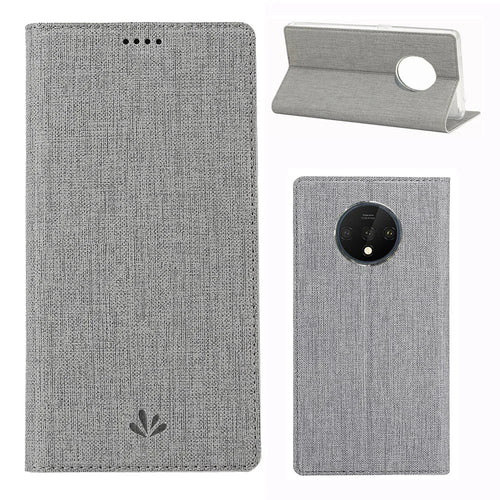 VILI DMX Cross Texture Stand Leather Card Holder Phone Cover for OnePlus 7T - Grey - 1