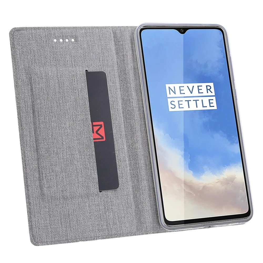 VILI DMX Cross Texture Stand Leather Card Holder Phone Cover for OnePlus 7T - Grey - 2
