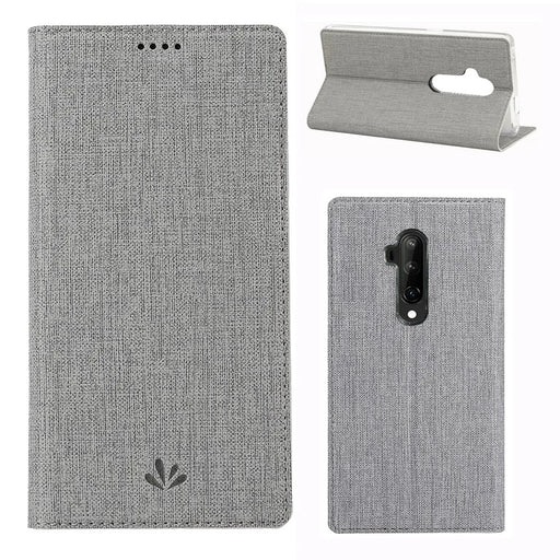 VILI DMX Cross Texture Leather Stand Case with Card Slot for OnePlus 7T Pro - Grey - 1
