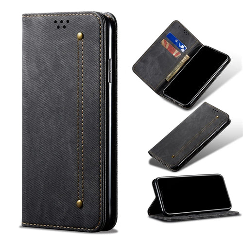 Vintage Style Jeans Cloth Texture Wallet Flip Leather Case for OnePlus 8 Pro - Black - 1