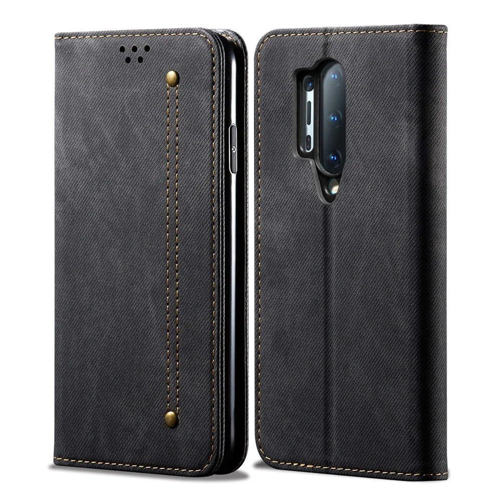Vintage Style Jeans Cloth Texture Wallet Flip Leather Case for OnePlus 8 Pro - Black - 2
