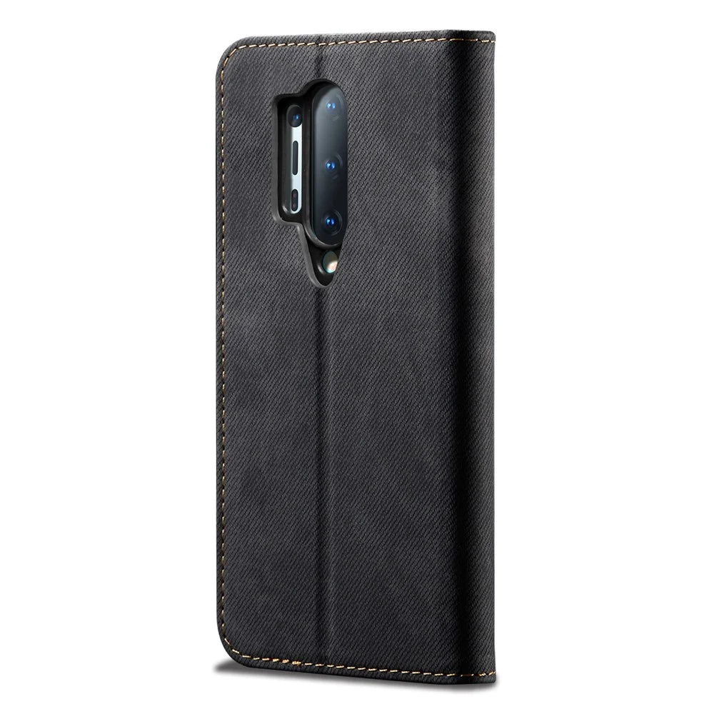 Vintage Style Jeans Cloth Texture Wallet Flip Leather Case for OnePlus 8 Pro - Black - 4