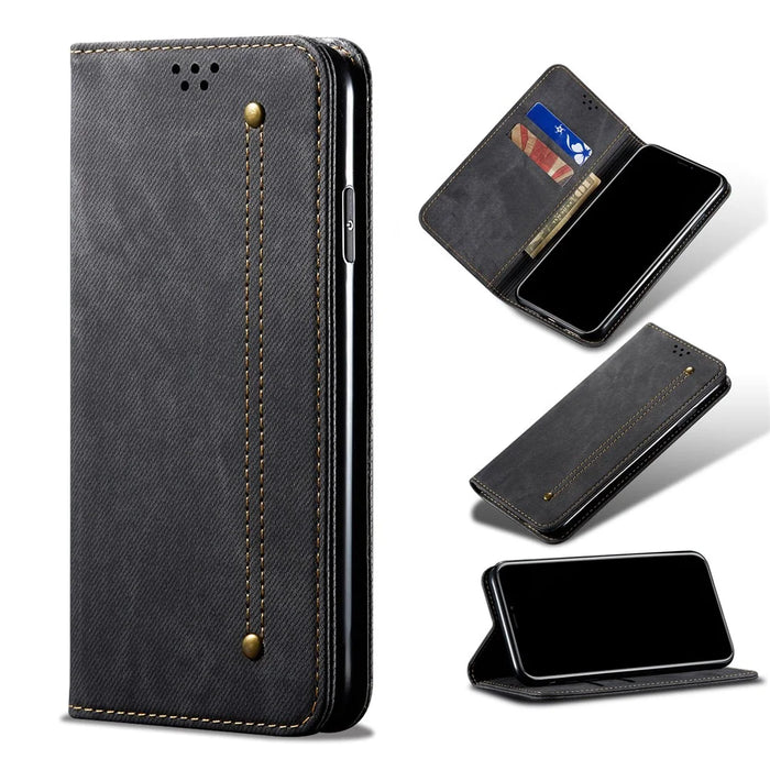 Vintage Style Jeans Cloth Texture Wallet Flip Leather Phone Case for OnePlus 8 - Black - 1
