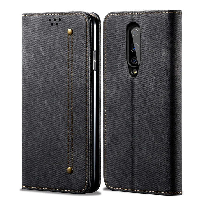 Vintage Style Jeans Cloth Texture Wallet Flip Leather Phone Case for OnePlus 8 - Black - 2