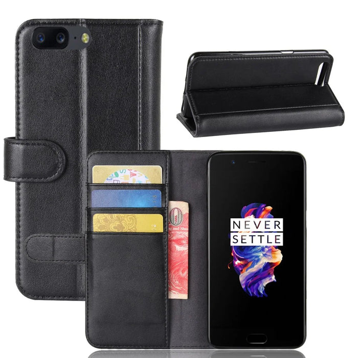For OnePlus 5 Phone Cases Genuine Split Leather Wallet Mobile Cover Stand - Black - 1