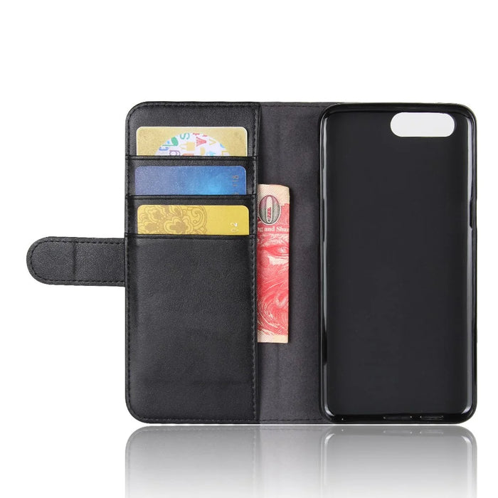 For OnePlus 5 Phone Cases Genuine Split Leather Wallet Mobile Cover Stand - Black - 4