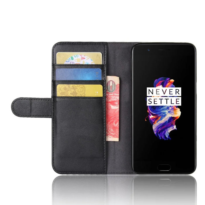 For OnePlus 5 Phone Cases Genuine Split Leather Wallet Mobile Cover Stand - Black - 5