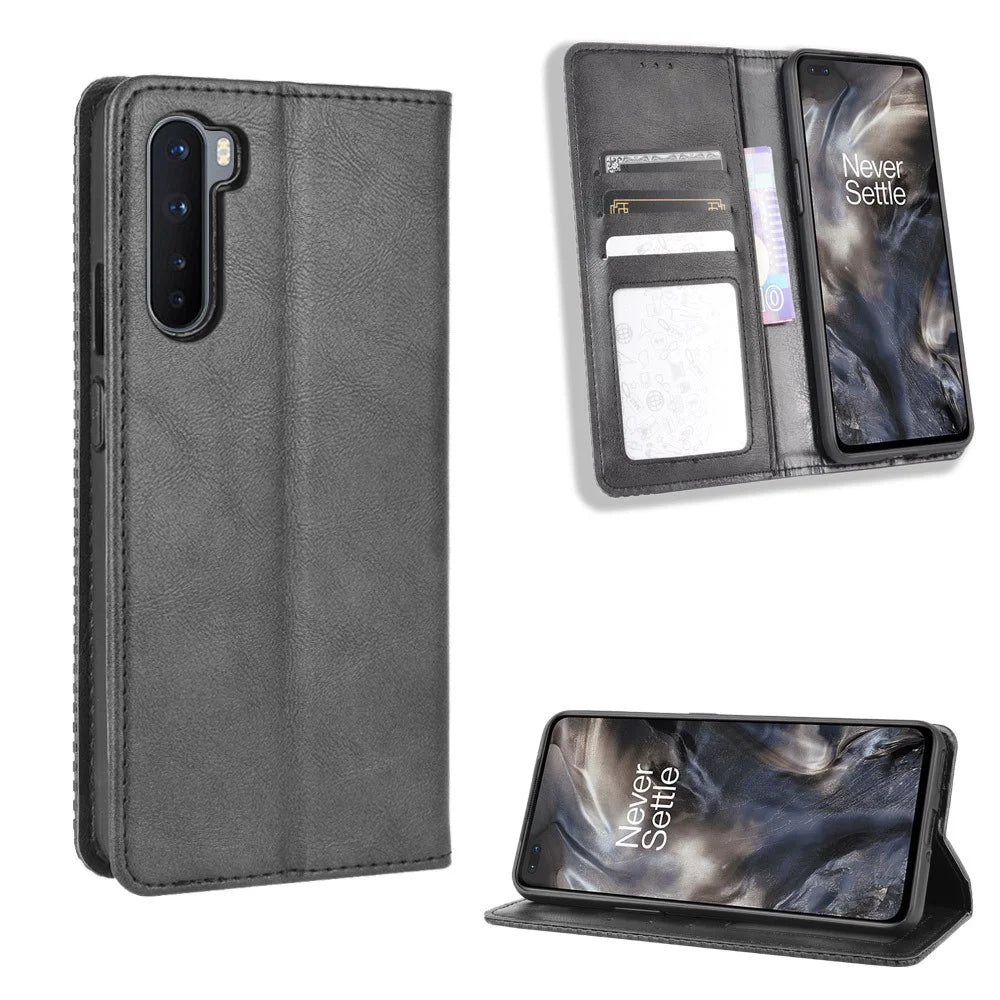 Auto-absorbed Retro Leather Wallet Phone Case for OnePlus Nord - Black - 1