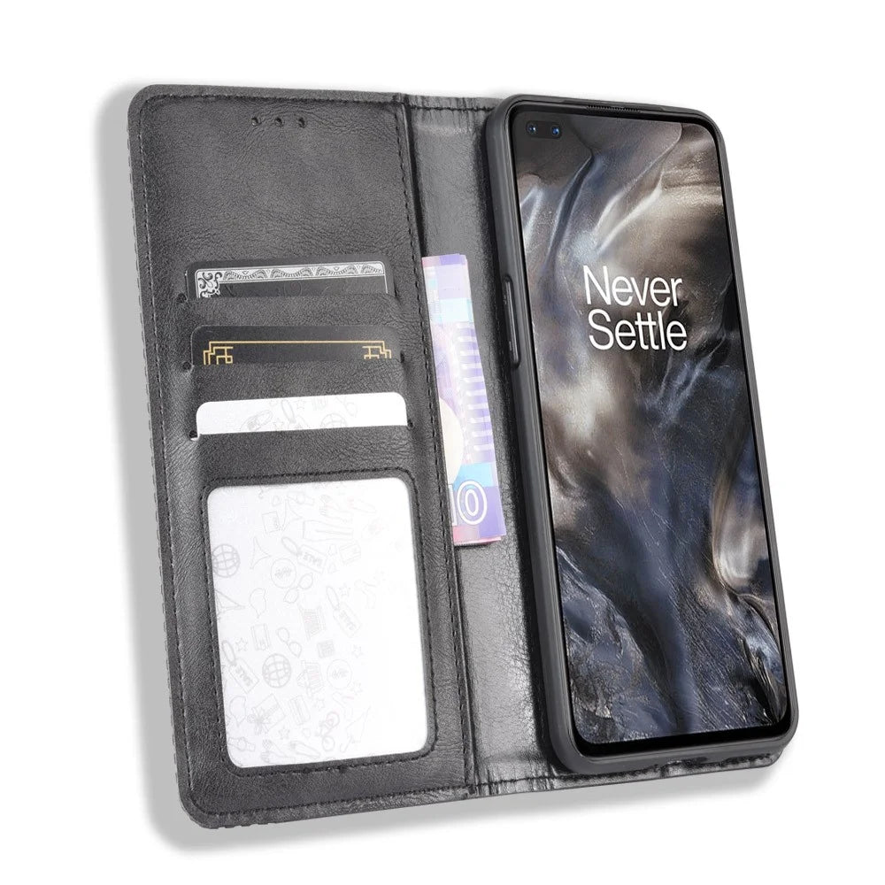 Auto-absorbed Retro Leather Wallet Phone Case for OnePlus Nord - Black - 5