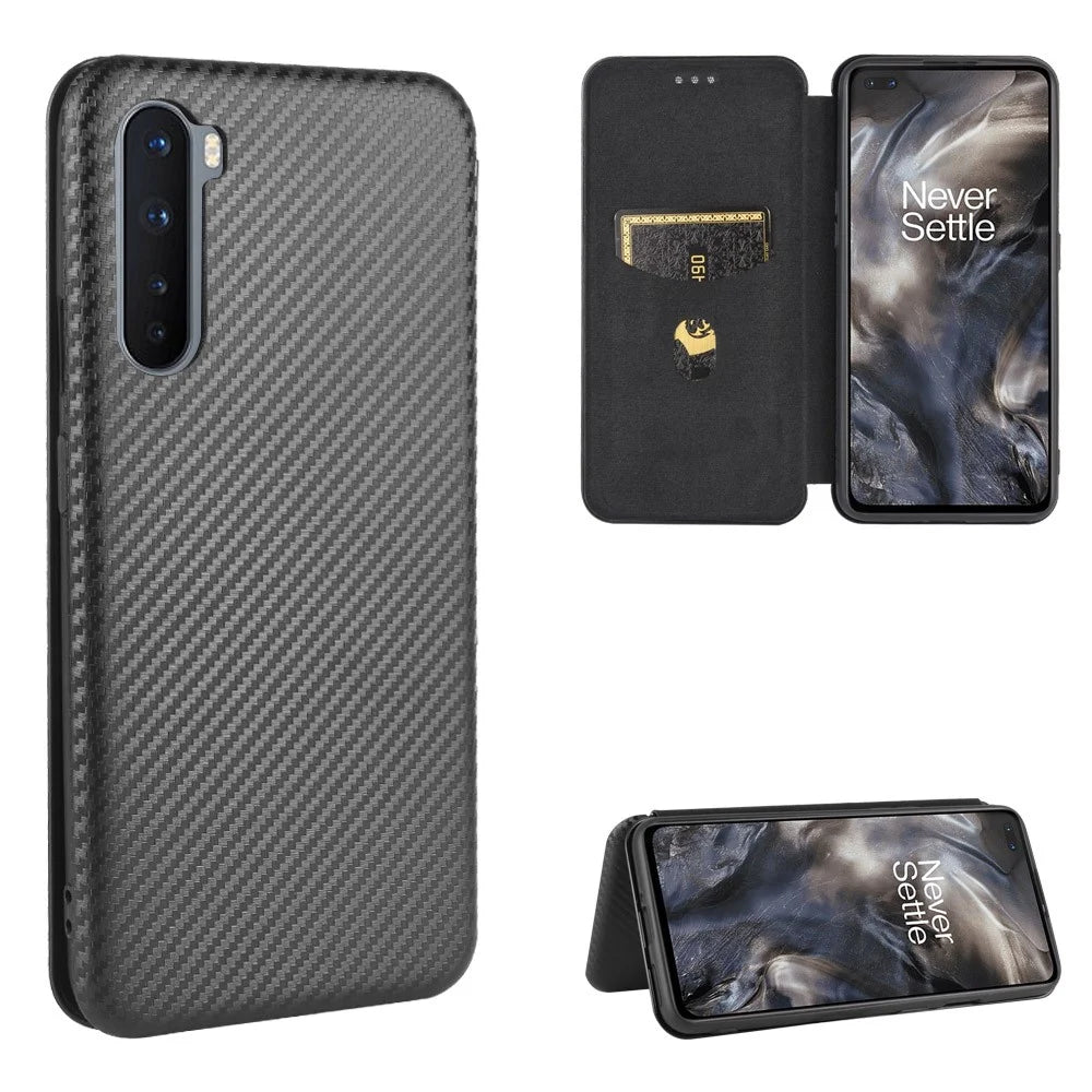 Carbon Fiber Texture Leather Auto-absorbed Phone Casing for OnePlus Nord - Black - 1