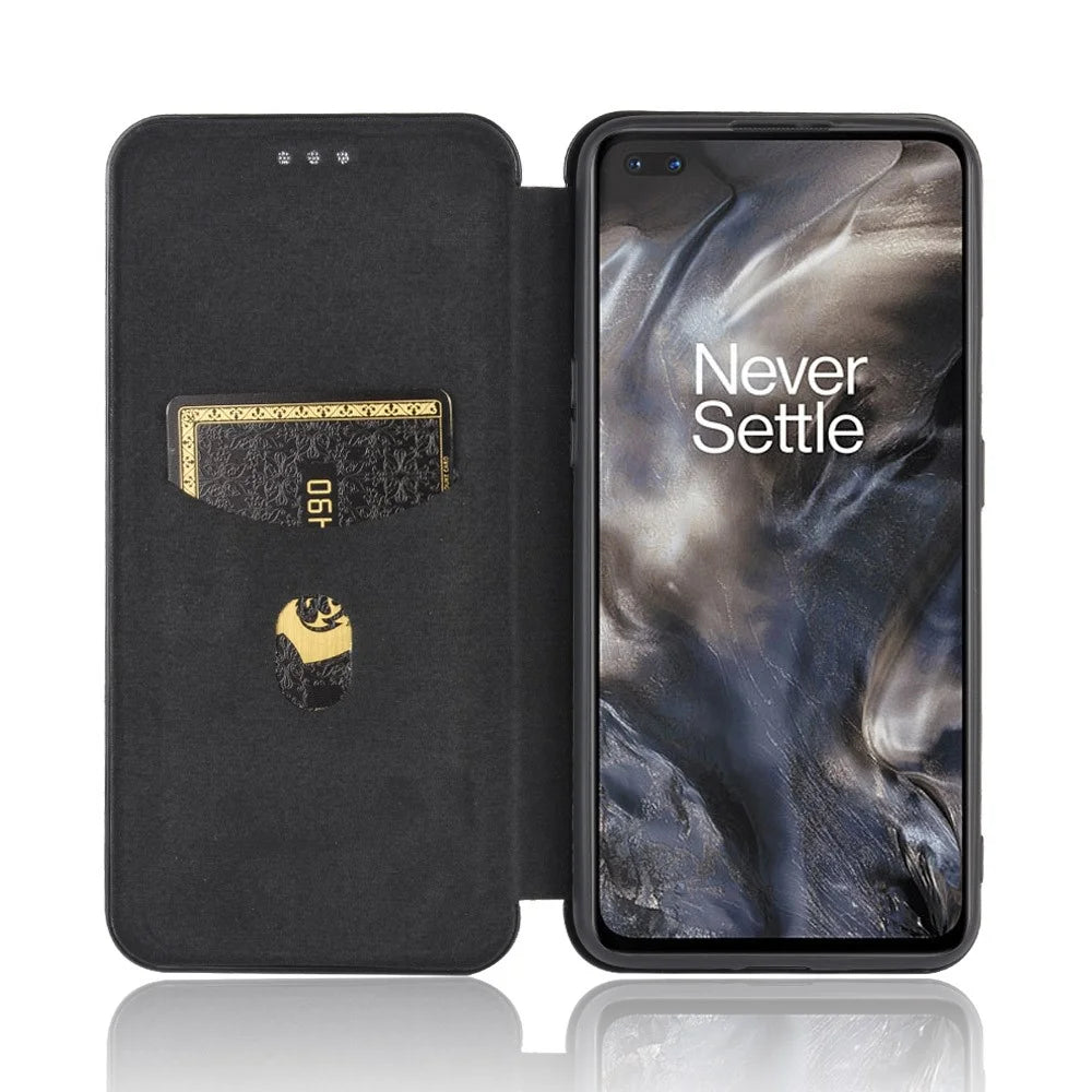 Carbon Fiber Texture Leather Auto-absorbed Phone Casing for OnePlus Nord - Black - 6