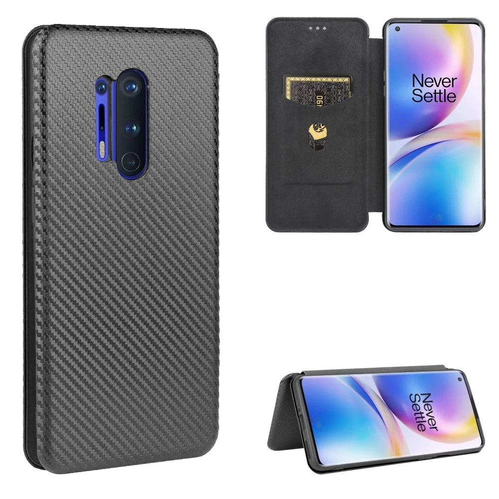 Carbon Fiber Texture Leather Auto-absorbed Phone Casing for OnePlus 8 Pro - Black - 1