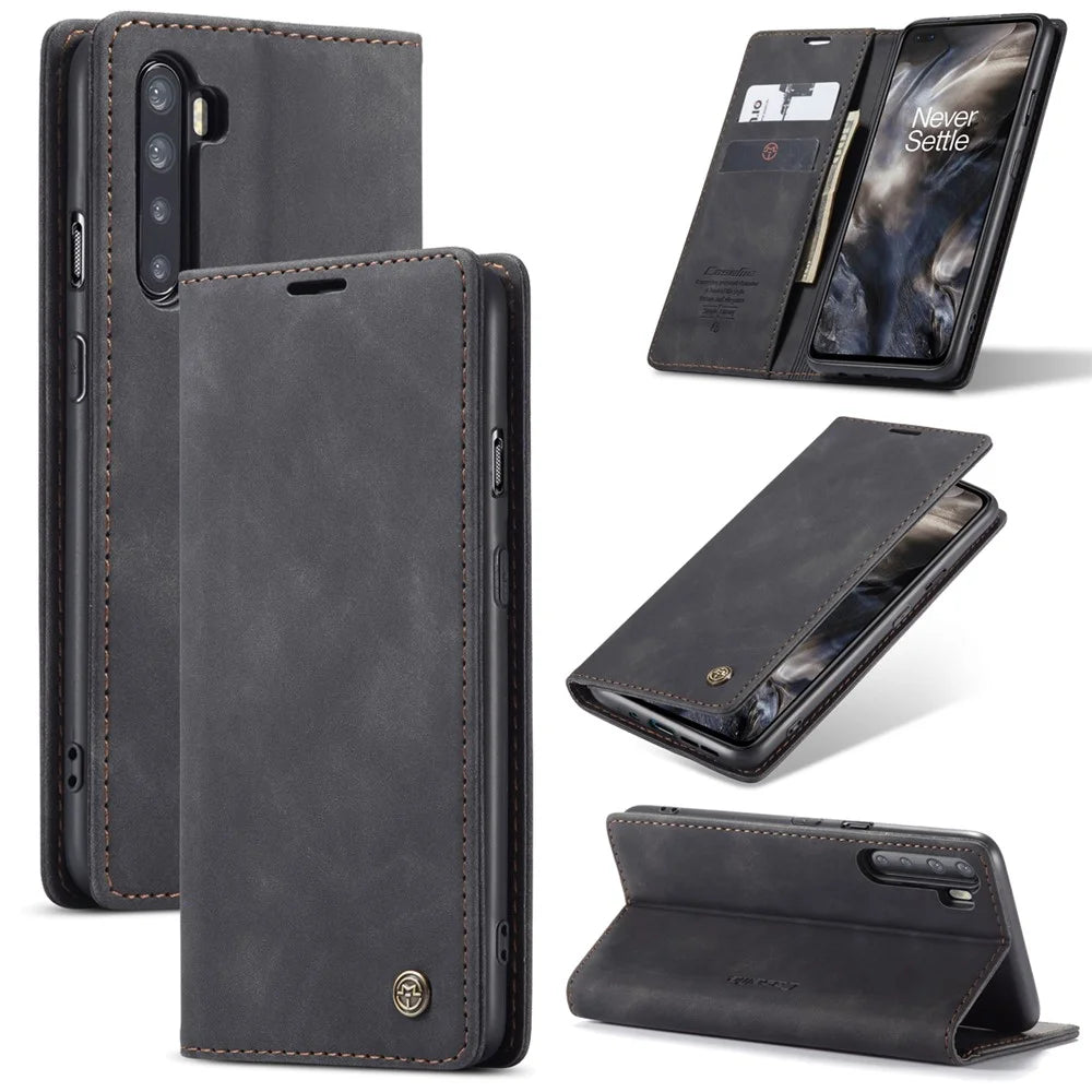 CASEME 013 Series Auto-absorbed Leather Wallet Protection Case for OnePlus Nord - Black - 1