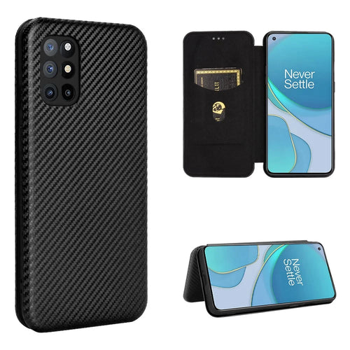 For OnePlus 8T Carbon Fiber Texture Auto-absorbed Flip Leather Cover Stand Card Slots Case - Black - 1