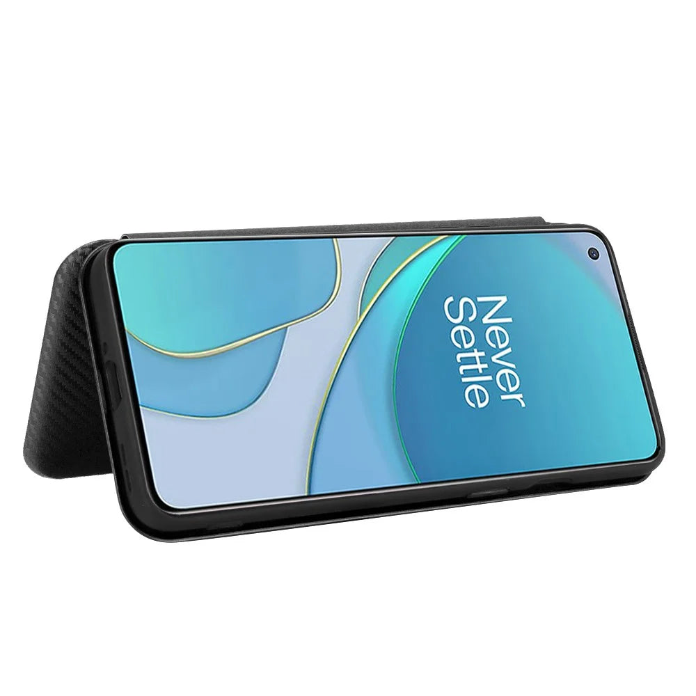 For OnePlus 8T Carbon Fiber Texture Auto-absorbed Flip Leather Cover Stand Card Slots Case - Black - 6