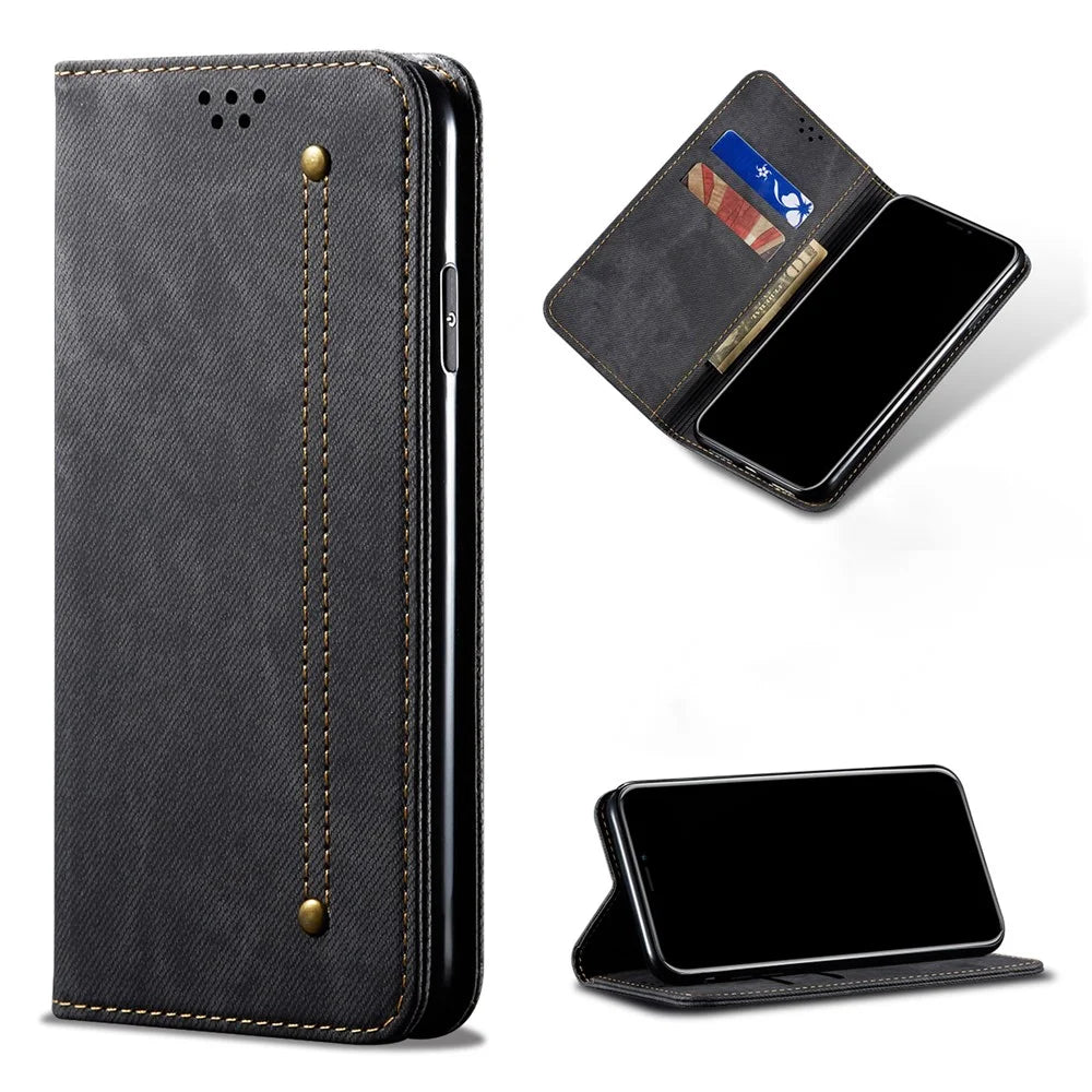 Vintage Style Jeans Cloth Texture Wallet Stand Leather Phone Cover for OnePlus 8T - Black - 1