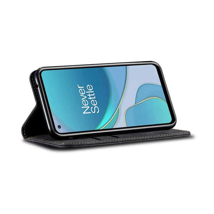 Vintage Style Jeans Cloth Texture Wallet Stand Leather Phone Cover for OnePlus 8T - Black - 7