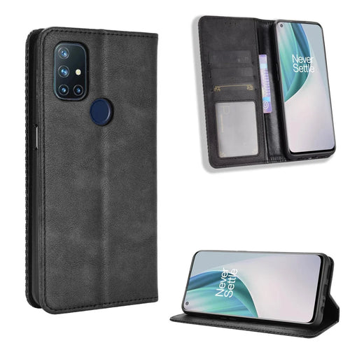 Retro Style Auto-Absorbed Wallet Stand Leather Phone Case for OnePlus Nord N10 5G - Black - 1