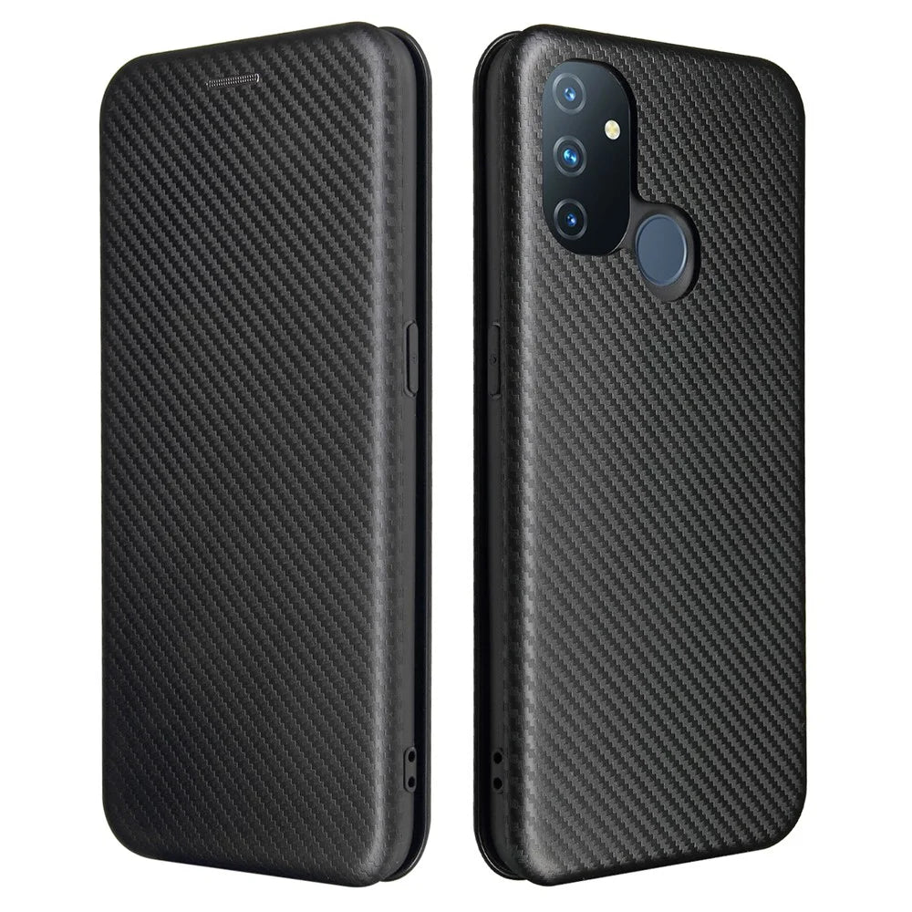Auto-absorbed Anti-scratch Carbon Fiber Texture Covering for OnePlus Nord N100 Leather Phone Case - Black - 4