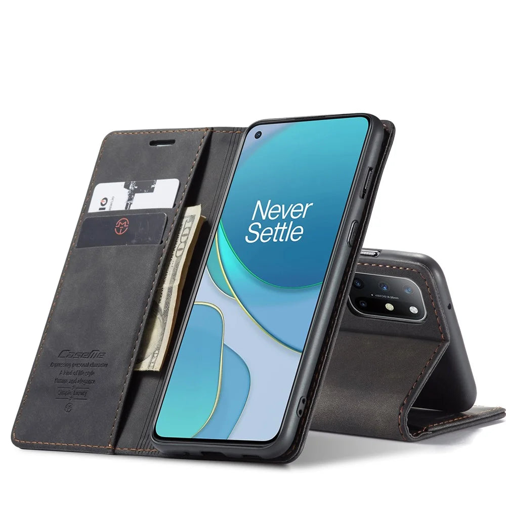 CASEME 013 Series Auto-absorbed Leather Wallet Case for OnePlus 8T - Black - 2