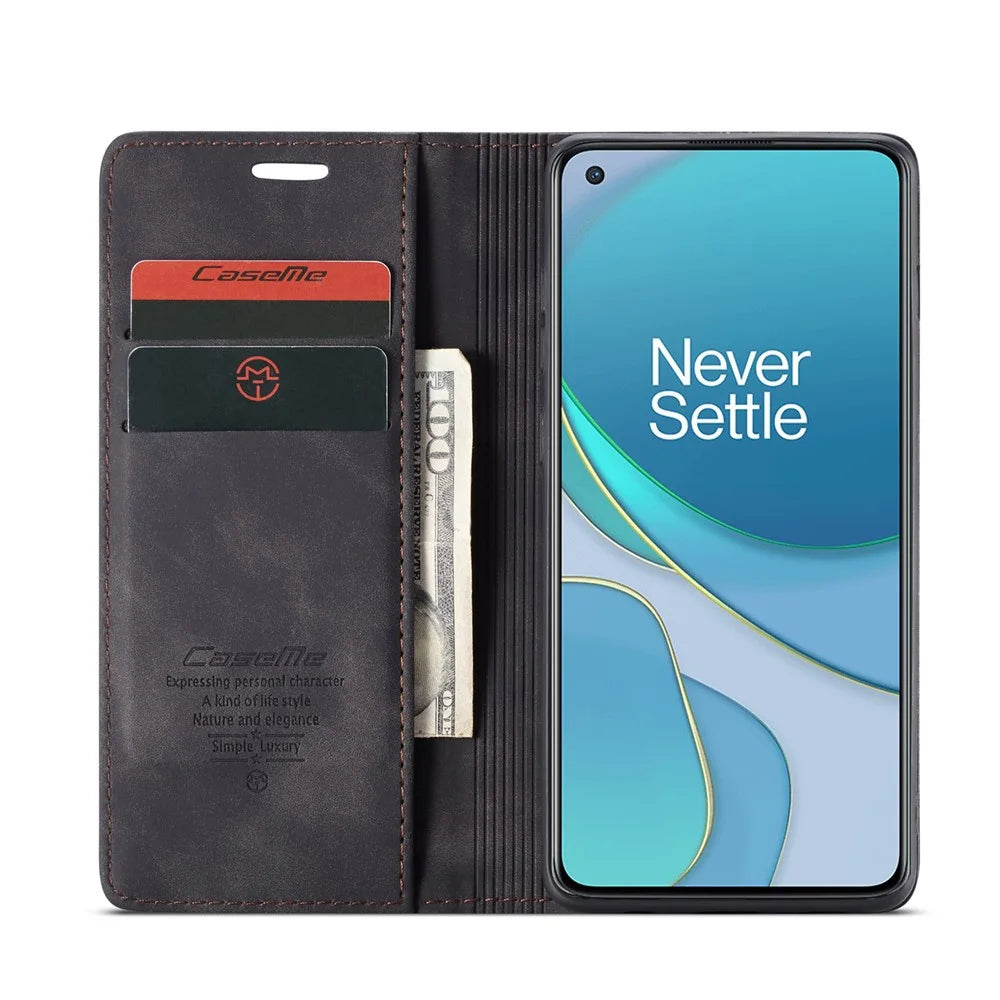 CASEME 013 Series Auto-absorbed Leather Wallet Case for OnePlus 8T - Black - 4