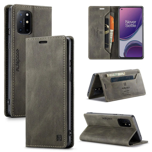 AUTSPACE A01 Series RFID Blocking Retro Matte Leather Case Wallet for OnePlus 8T - Green - 1
