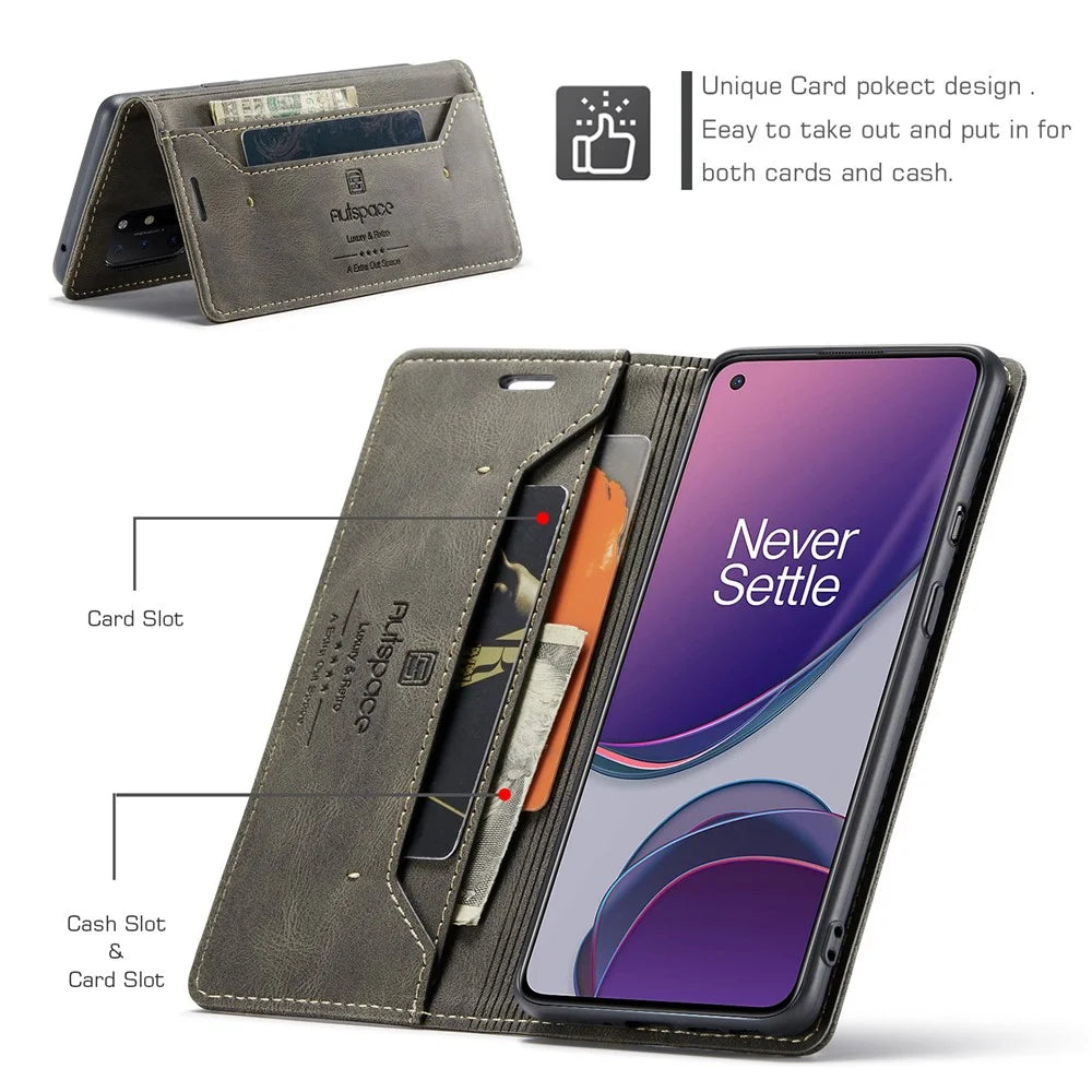 AUTSPACE A01 Series RFID Blocking Retro Matte Leather Case Wallet for OnePlus 8T - Green - 2