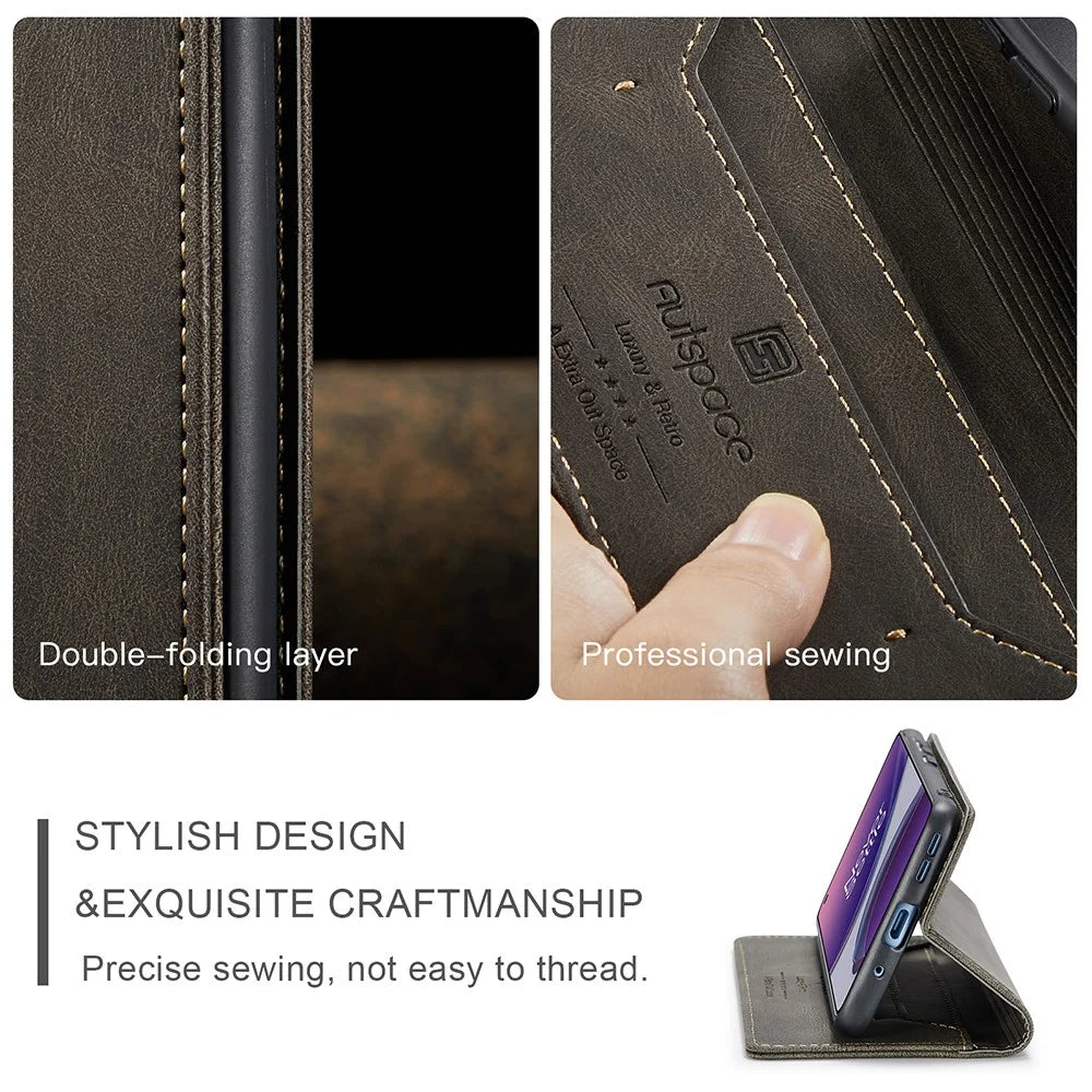 AUTSPACE A01 Series RFID Blocking Retro Matte Leather Case Wallet for OnePlus 8T - Green - 7