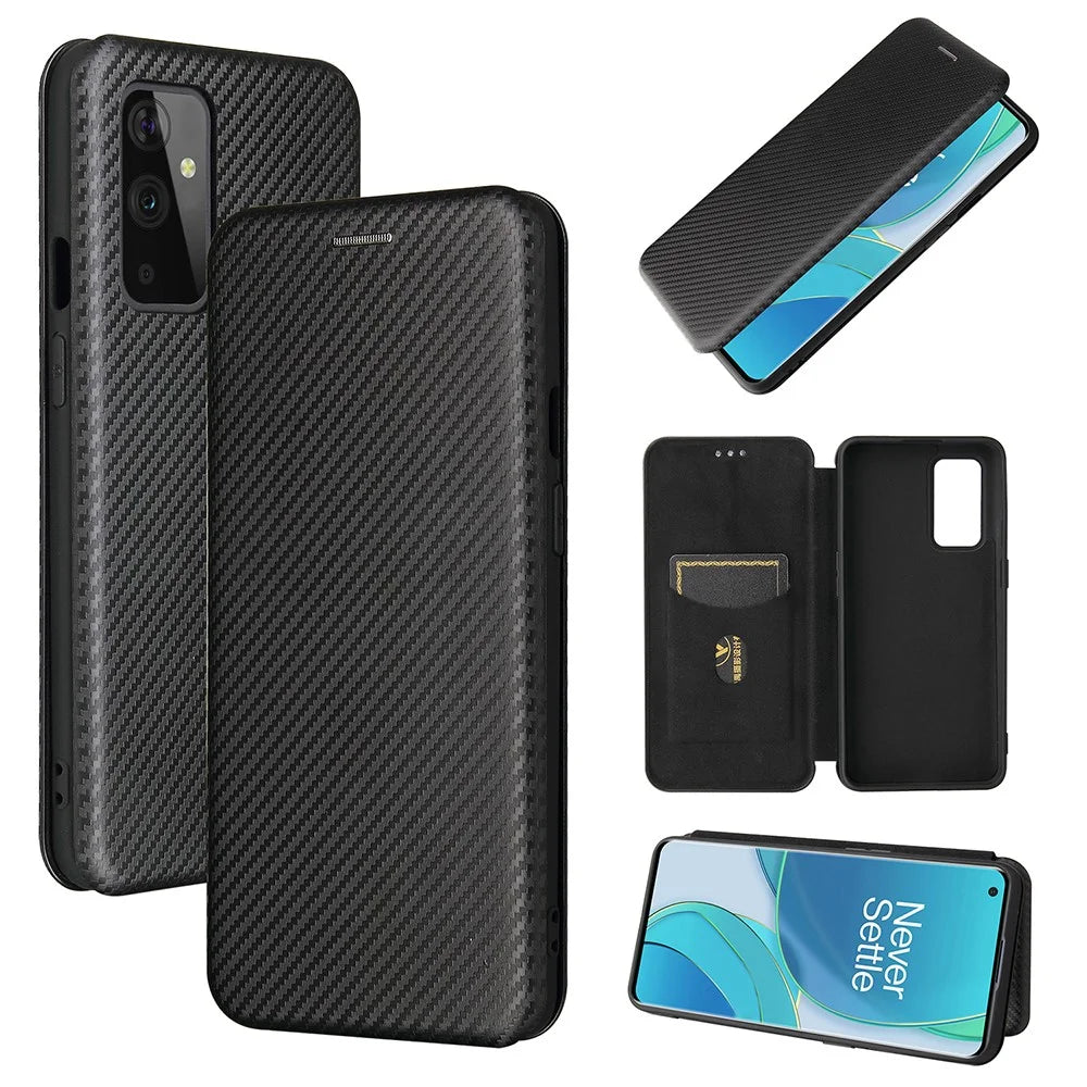 For OnePlus 9 (EU / US Version) Carbon Fiber Magnetic Suction Leather Shell with Card Holder - Black - 1
