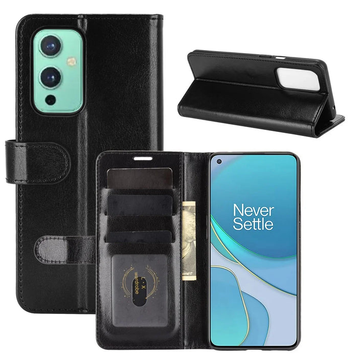 Crazy Horse Texture Leather Cover Stand Case with Wallet Design for OnePlus 9 (EU / US Version) - Black - 1