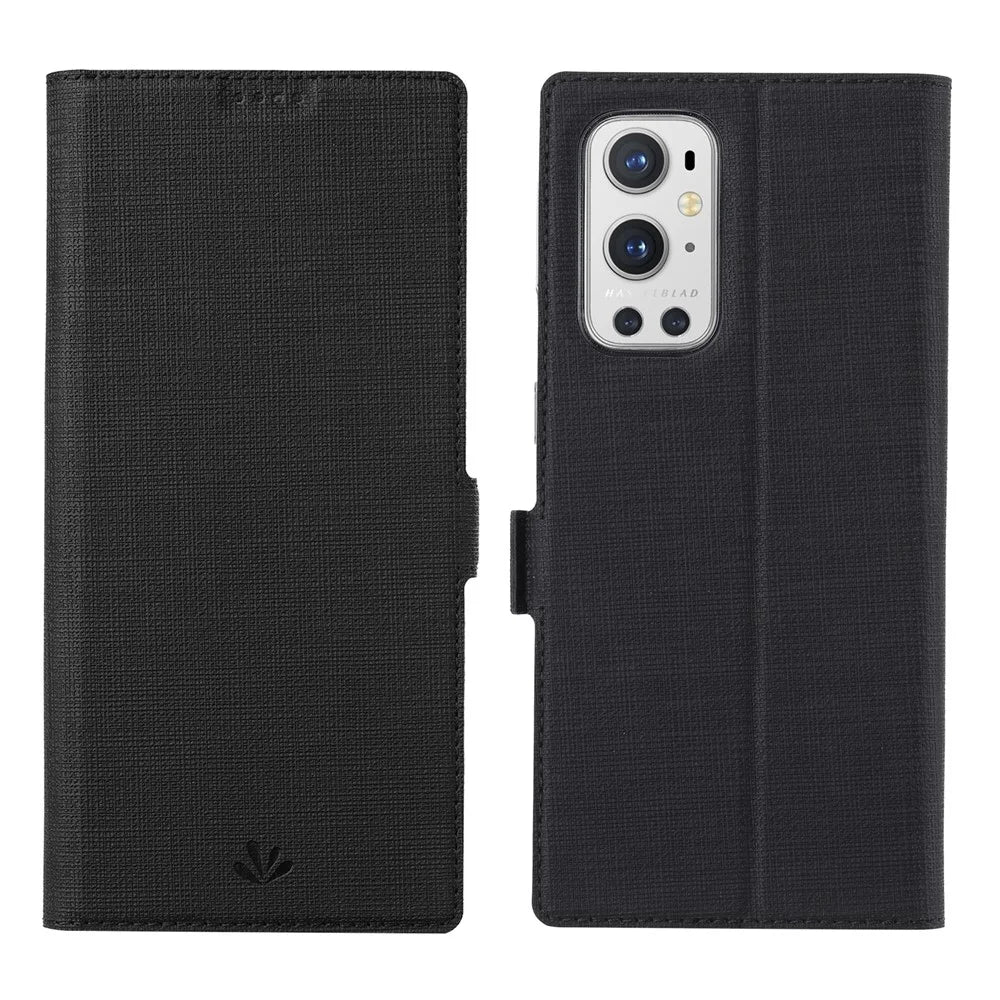 VILI DMK Series Double Magnetic Clasp Cross Texture Leather Wallet Stand Cover Case for OnePlus 9 Pro - Black - 1