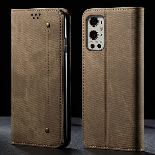 Jeans Cloth Texture Leather Wallet Stand Case for OnePlus 9 Pro - Green - 1