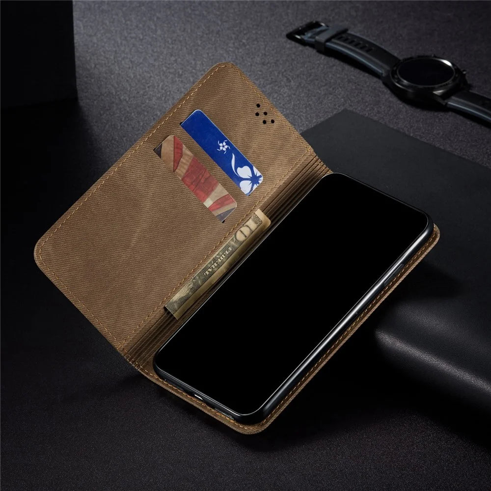 Jeans Cloth Texture Leather Wallet Stand Case for OnePlus 9 Pro - Green - 3