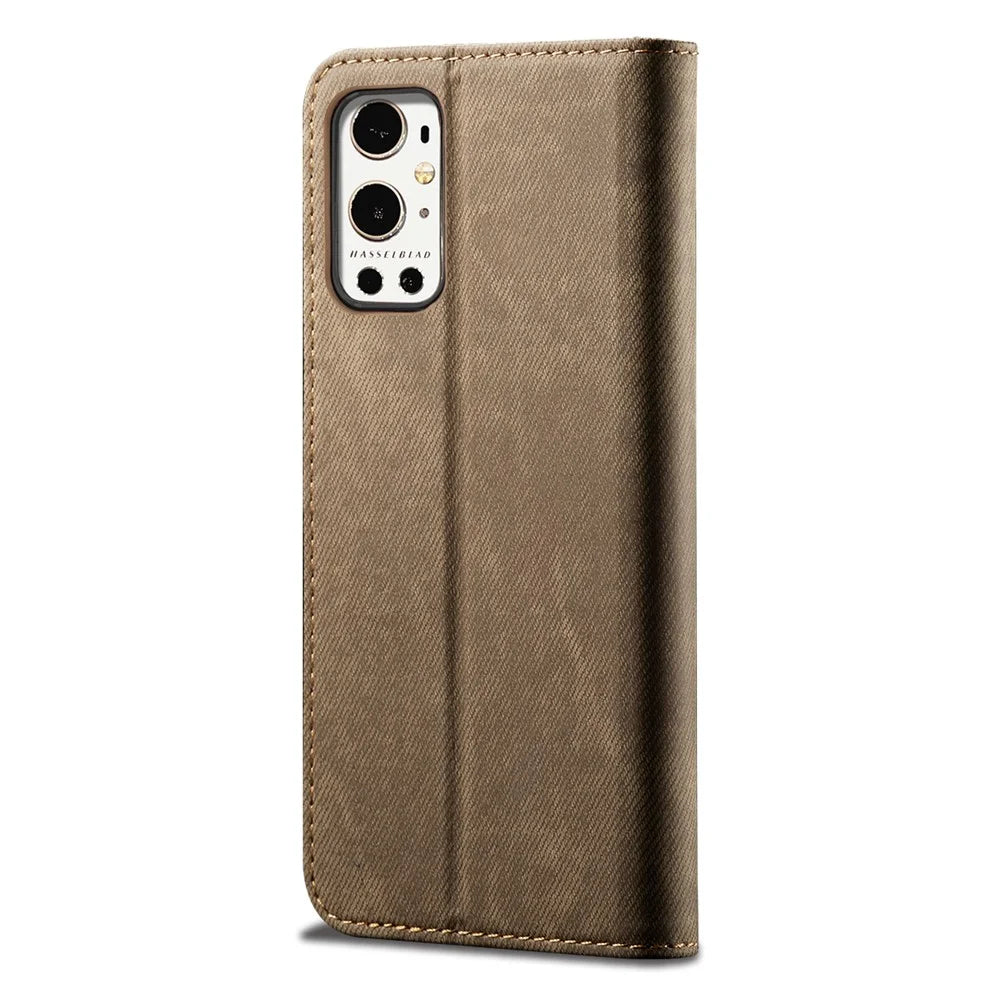 Jeans Cloth Texture Leather Wallet Stand Case for OnePlus 9 Pro - Green - 6