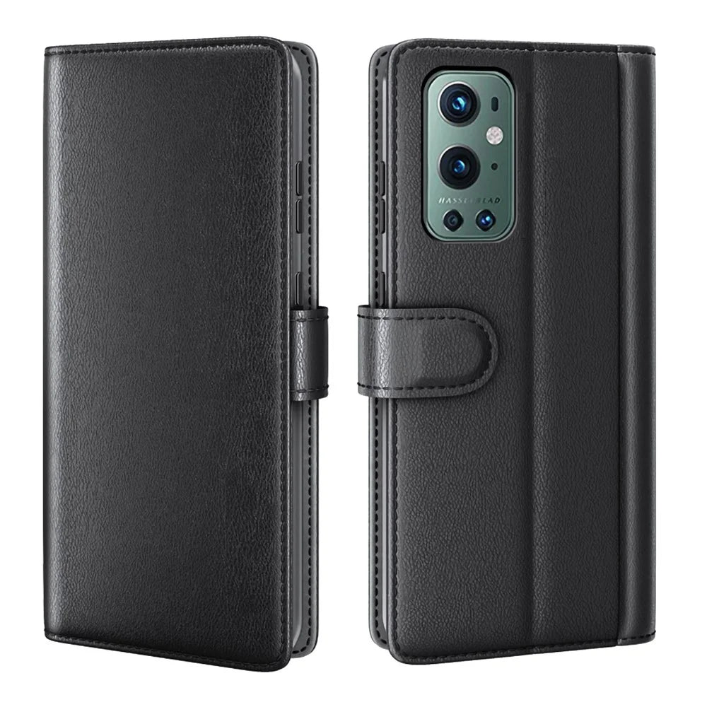 Genuine Split Leather Wallet Stand Protective Case for OnePlus 9 Pro - Black - 1