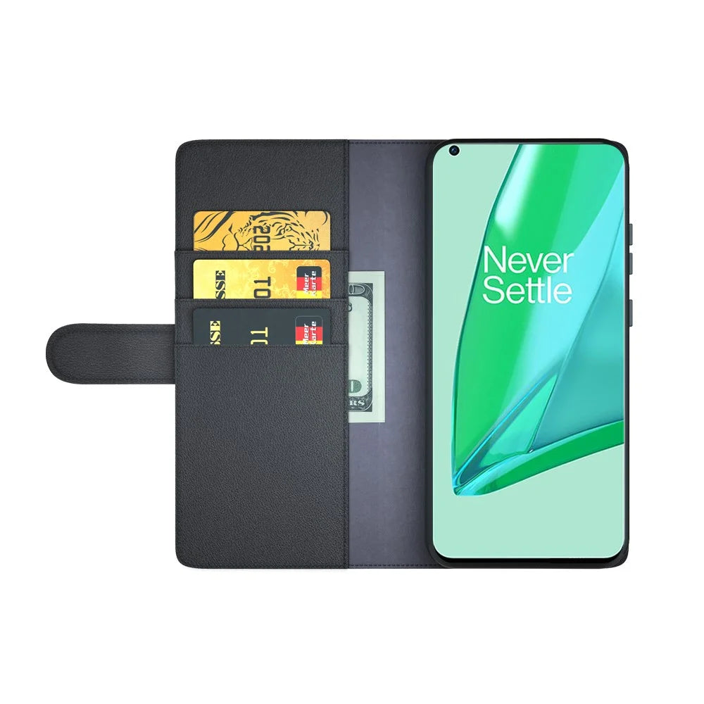 Genuine Split Leather Wallet Stand Protective Case for OnePlus 9 Pro - Black - 4