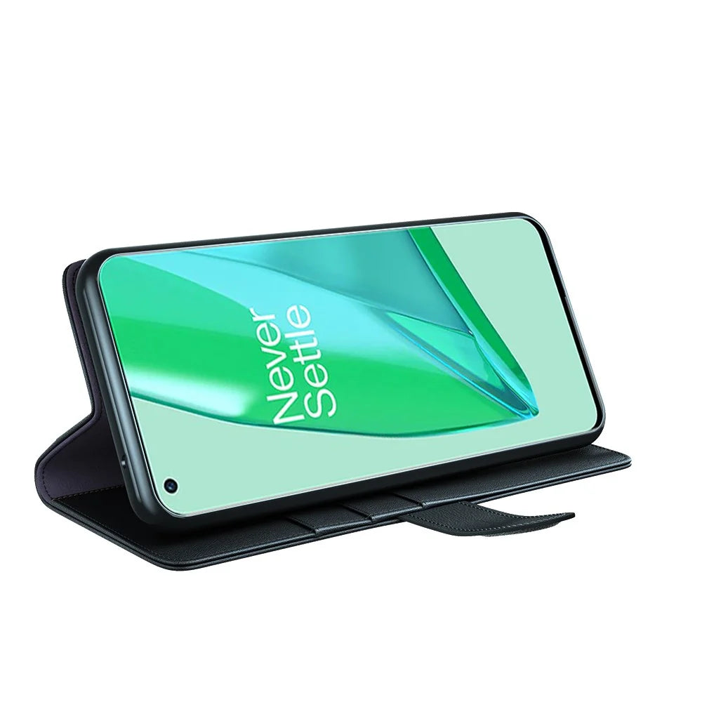 Genuine Split Leather Wallet Stand Protective Case for OnePlus 9 Pro - Black - 5