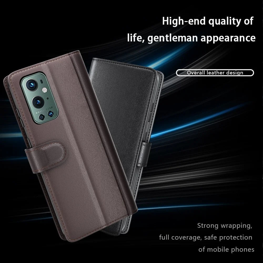 Genuine Split Leather Wallet Stand Protective Case for OnePlus 9 Pro - Black - 6