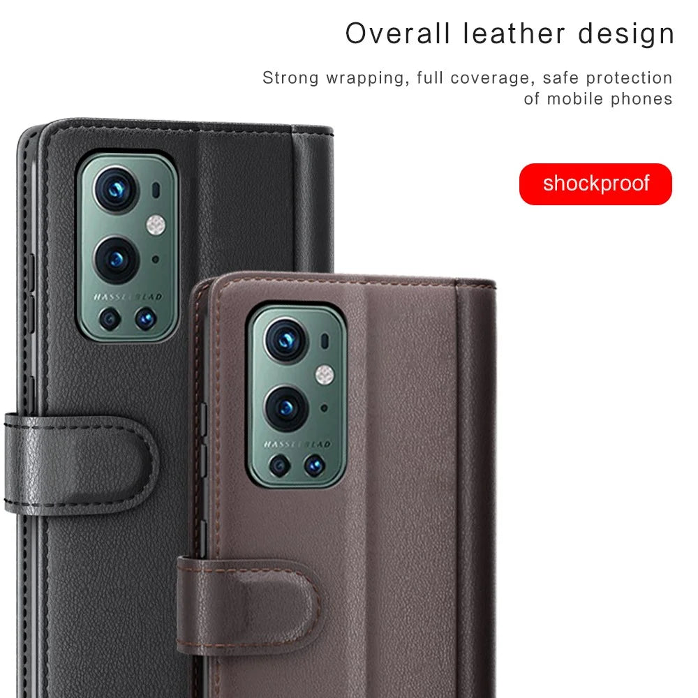 Genuine Split Leather Wallet Stand Protective Case for OnePlus 9 Pro - Black - 7