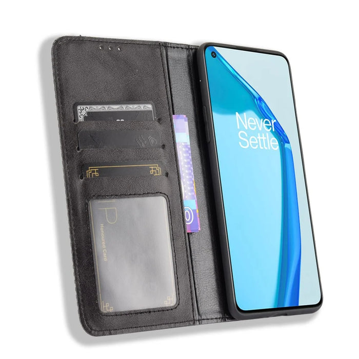 Magnetic Vintage Style Wallet Stand Phone Case Cover for OnePlus 9R - Black - 5