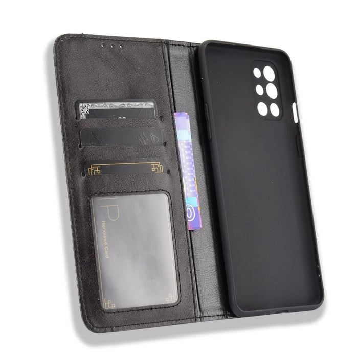 Magnetic Vintage Style Wallet Stand Phone Case Cover for OnePlus 9R - Black - 6