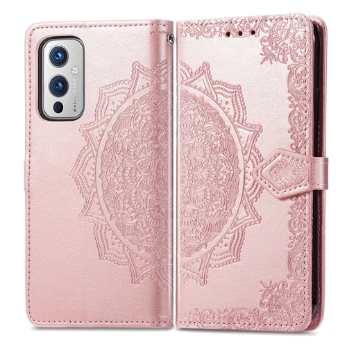 Embossed Mandala Flower PU Leather Case Stand Wallet for OnePlus 9 (EU / US Version) - Rose Gold - 1