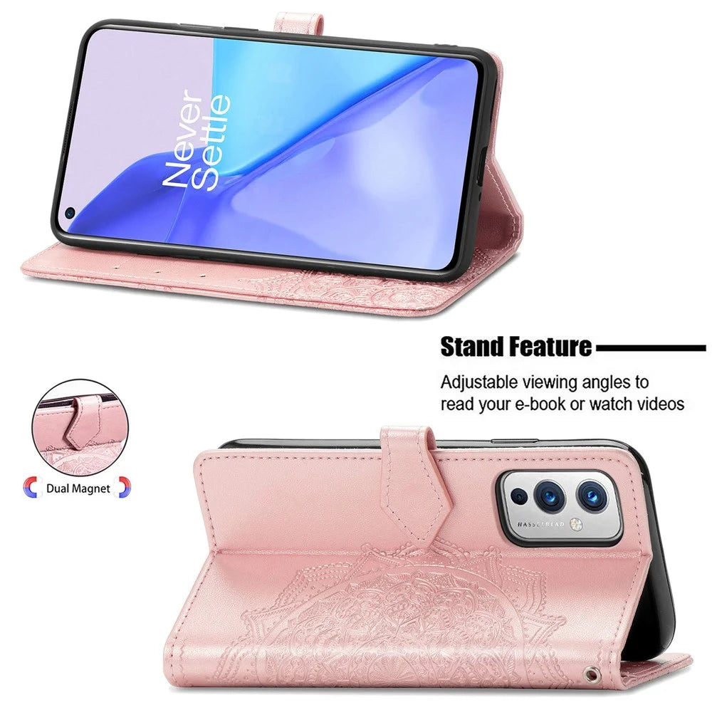Embossed Mandala Flower PU Leather Case Stand Wallet for OnePlus 9 (EU / US Version) - Rose Gold - 3