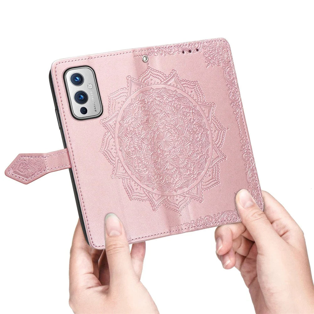 Embossed Mandala Flower PU Leather Case Stand Wallet for OnePlus 9 (EU / US Version) - Rose Gold - 4