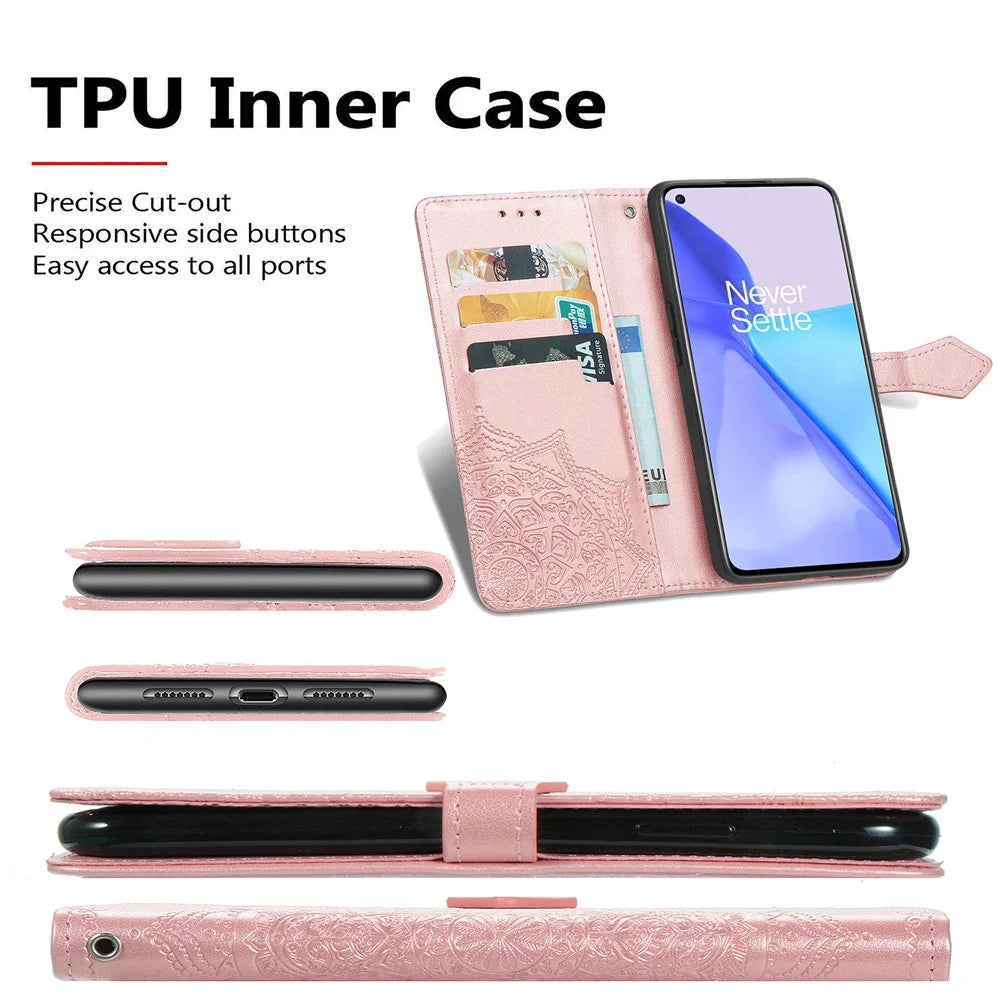 Embossed Mandala Flower PU Leather Case Stand Wallet for OnePlus 9 (EU / US Version) - Rose Gold - 6