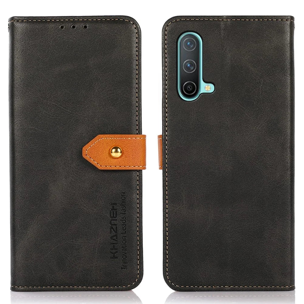 KHAZNEH Golden Magnetic Clasp Dual Color Leather Phone Case with Stand Wallet for OnePlus Nord CE 5G - Black - 1
