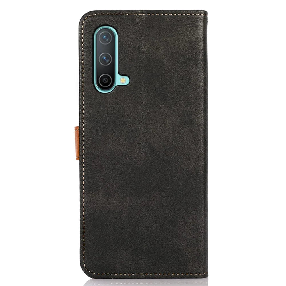 KHAZNEH Golden Magnetic Clasp Dual Color Leather Phone Case with Stand Wallet for OnePlus Nord CE 5G - Black - 3