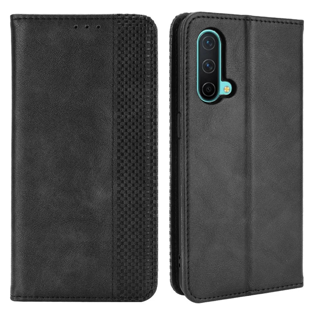 Full Protection Shockproof Vintage PU Leather Magnetic Closure Wallet Stand Case for OnePlus Nord CE 5G - Black - 1