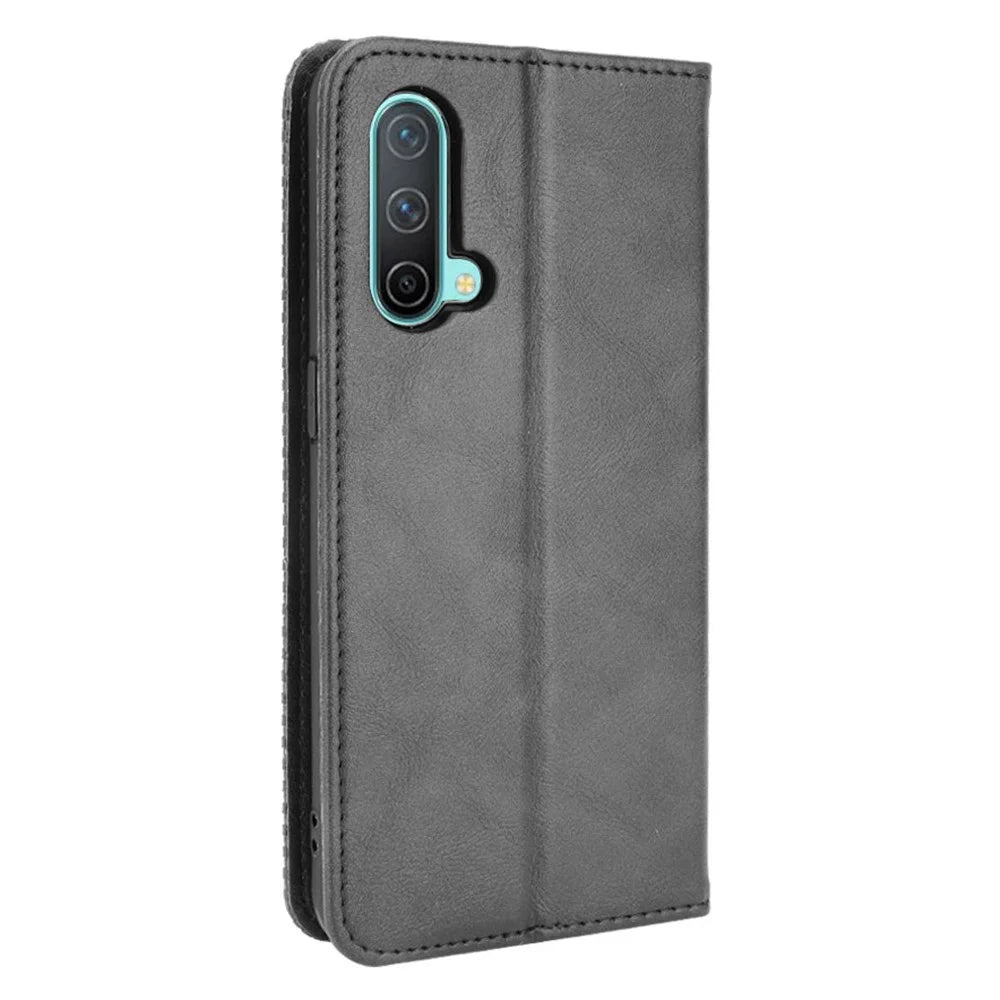 Full Protection Shockproof Vintage PU Leather Magnetic Closure Wallet Stand Case for OnePlus Nord CE 5G - Black - 3